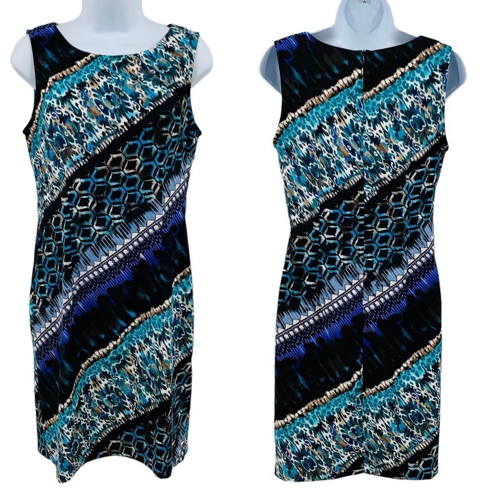 Connected Apparel Watercolor Blue Turquoise Geometric Design Sheath Dress